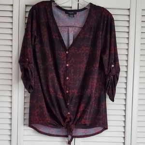 Verve Ami Women Black Red Pattern 3/4 Sleeve Blouse Tie Waist Button Down